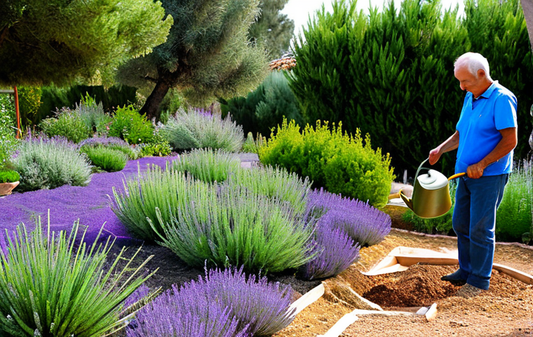 Sustainable Garden Scene**
"A lush, thriving xeriscape garden in Spain, featuring drought-resistant native plants like lavender, rosemary, and thyme, all fully clothed, appropriate attire, safe for work. A gardener is tending to the plants with a watering can. Incorporate organic mulch around the plants and a visible drip irrigation system. In the background, a well-maintained compost bin. Perfect anatomy, correct proportions, natural pose, professional photography, high quality, family-friendly, showing biodiversity and ecological balance."
**