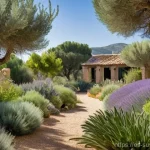 Home 22 지속가능한 조경 관리의 장기적 이점 - **A Mediterranean Sustainable Garden in Full Bloom:**
An exterior shot of a vibrant, sun-drenche...
