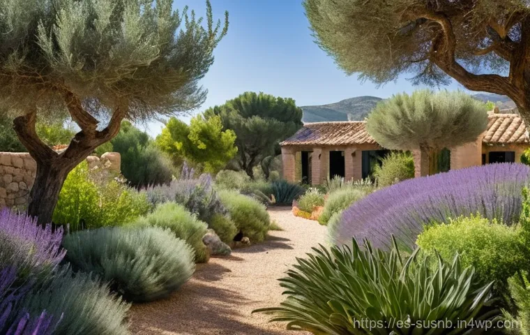 지속가능한 조경 관리의 장기적 이점 - **A Mediterranean Sustainable Garden in Full Bloom:**
An exterior shot of a vibrant, sun-drenche...