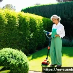 Home 21 친환경 조경 관리 도구 추천 - **Prompt:** A serene and sustainable Spanish garden bathed in the soft morning light. A woman in her...