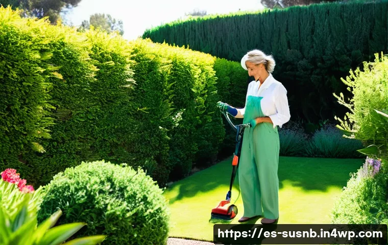 친환경 조경 관리 도구 추천 - **Prompt:** A serene and sustainable Spanish garden bathed in the soft morning light. A woman in her...