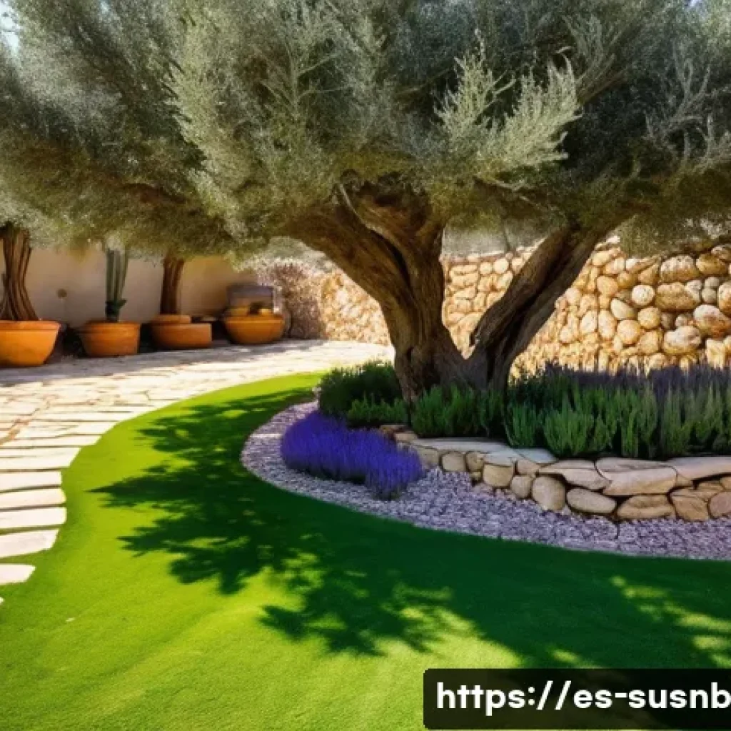 조경 프로젝트의 탄소 발자국 줄이기 - **A Vibrant Mediterranean Pollinator Garden.**
A close-up, eye-level shot of a flourishing, sust...
