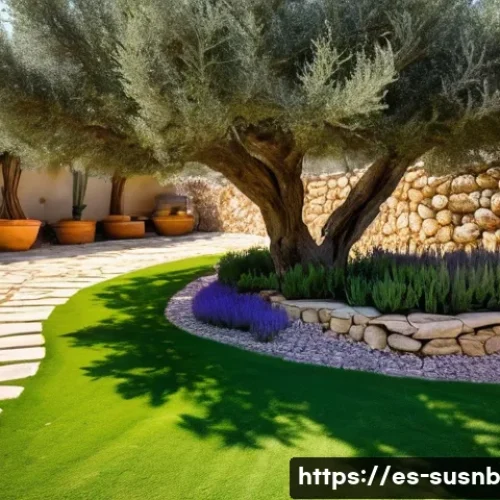 Home 32 조경 프로젝트의 탄소 발자국 줄이기 - **A Vibrant Mediterranean Pollinator Garden.**
A close-up, eye-level shot of a flourishing, sust...