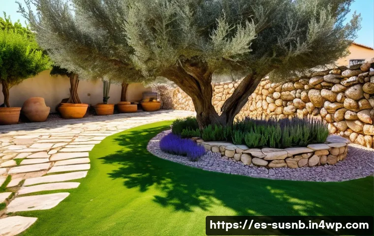 조경 프로젝트의 탄소 발자국 줄이기 - **A Vibrant Mediterranean Pollinator Garden.**
A close-up, eye-level shot of a flourishing, sust...
