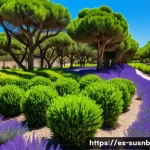 Home 19 도시 조경의 기후 변화 적응 전략 - A vibrant urban park scene in southern Spain during a hot summer day, featuring drought-resistant na...