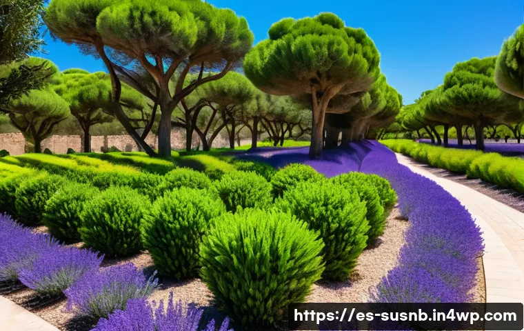 도시 조경의 기후 변화 적응 전략 - A vibrant urban park scene in southern Spain during a hot summer day, featuring drought-resistant na...