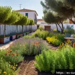 Home 23 조경 설계에서의 지속가능한 원칙 - A vibrant urban community garden on a sunny afternoon in a Spanish neighborhood, featuring native Me...