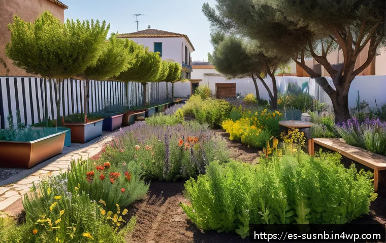 조경 설계에서의 지속가능한 원칙 - A vibrant urban community garden on a sunny afternoon in a Spanish neighborhood, featuring native Me...