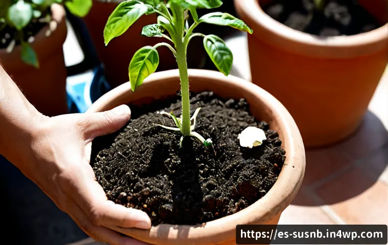 Home 17 식물 생장 촉진을 위한 유기농 방법 - Photorealistic close-up of a home gardener’s hands gently mixing dark finished compost and crushed e...