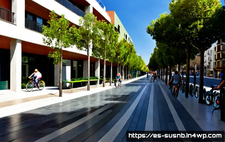 Home 17 세계적인 지속가능한 조경 사례 연구 - Photorealistic sustainable urban landscape in Barcelona, Spain, featuring a pedestrian-friendly gree...